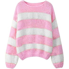 Women's Knit Striped Sweater Oversized Color Clock Long Sleeve Crewneck Pullover Jumpers Cute Trendy Sweater in Saudi Arabia