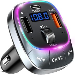 FM Transmitter Bluetooth 5.4 Wireless Radio Adapter Car Kit 48W (PD 30W & 18W) Light Switch Fast Charging Music Adapter LED Display Hands-Free Calling Support USB Drive in Saudi Arabia