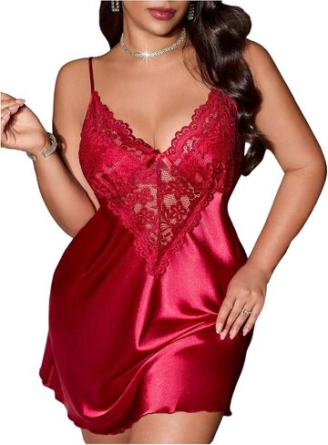 Women's Plus Size Floral Lace Sheer Satin Nightgown Spaghetti Strap Night Dress Chemise in Saudi Arabia