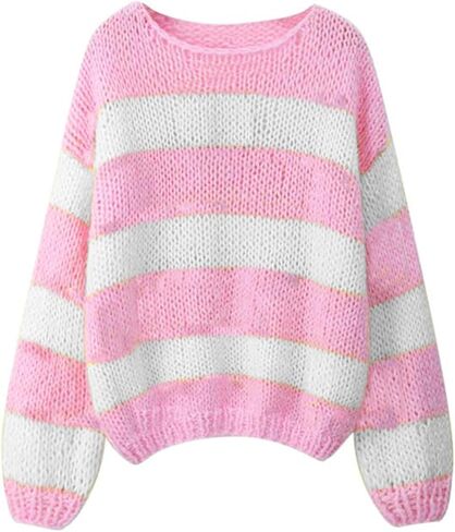 Women's Knit Striped Sweater Oversized Color Clock Long Sleeve Crewneck Pullover Jumpers Cute Trendy Sweater in Saudi Arabia