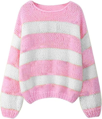 Women's Knit Striped Sweater Oversized Color Clock Long Sleeve Crewneck Pullover Jumpers Cute Trendy Sweater in Saudi Arabia