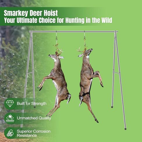 رافعة شماعات لعبة الغزلان، حامل تعليق ثلاثي القوائم للغزلان، رف جلد الغزلان مع خطافين للحوم للصيد وصيد الأسماك، وسلخ الحيوانات، وارتداء الملابس والجزارة - شديدة التحمل in Kuwait