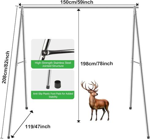 رافعة شماعات لعبة الغزلان، حامل تعليق ثلاثي القوائم للغزلان، رف جلد الغزلان مع خطافين للحوم للصيد وصيد الأسماك، وسلخ الحيوانات، وارتداء الملابس والجزارة - شديدة التحمل in Kuwait