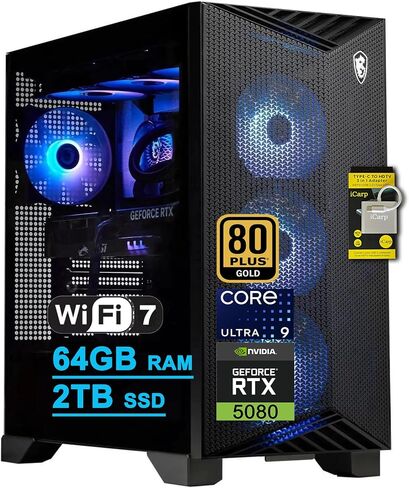msi Aegis R2 AI سطح المكتب الثاني للألعاب Intel 24-core Ultra 9 285 64GB DDR5 8TB SSD GeForce RTX 5080 (حتى 1801 قمة) مبرد سائل 360 مم 5 جيجابت LAN Wi-Fi7 850W 80+ Gold PSU Win11Pro ICP Hub in Saudi Arabia