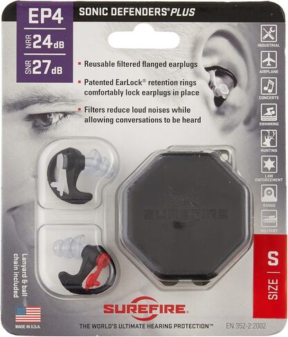 SureFire EP4 Sonic Defenders Plus filtered Earplugs, triple flanged design, reusable, Black, Large in Saudi Arabia