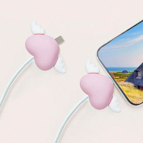 2pcs Wings Heart Cable Protector – Cute & Durable Anti-Break Fixer Compatible with Apple Charging Cables – Decorative USB Cord Accessory - Pink in Saudi Arabia