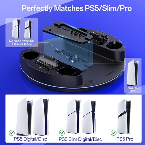 NEWDERY لحامل وحدة التحكم P5/Slim/Pro، مع محطة شحن مزدوجة لوحدات التحكم P5، ضوء RGB قابل للتعديل، لحامل شاحن وحدة التحكم P5 - أسود in Saudi Arabia