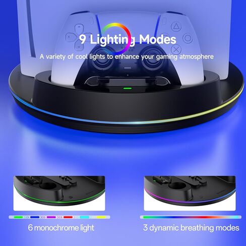 NEWDERY لحامل وحدة التحكم P5/Slim/Pro، مع محطة شحن مزدوجة لوحدات التحكم P5، ضوء RGB قابل للتعديل، لحامل شاحن وحدة التحكم P5 - أسود in Saudi Arabia
