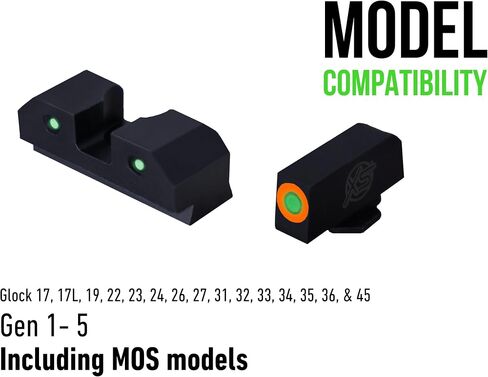 XS SIGHTS 3-Dot Tritium Night Sights، يناسب Glock Gen 1 - 5 + مسدسات MOS، مشهد أمامي برتقالي مضيء مزدوج مزود بنقطة توهج التريتيوم/الإضاءة الضوئية in Kuwait