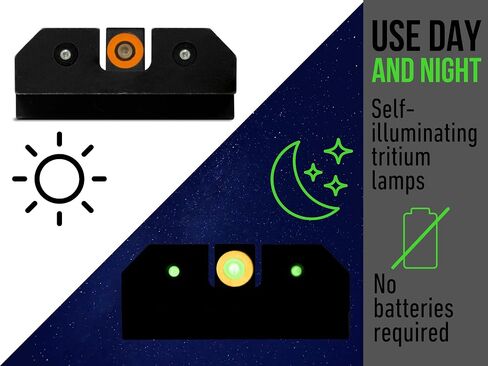 XS SIGHTS 3-Dot Tritium Night Sights، يناسب Glock Gen 1 - 5 + مسدسات MOS، مشهد أمامي برتقالي مضيء مزدوج مزود بنقطة توهج التريتيوم/الإضاءة الضوئية in Kuwait