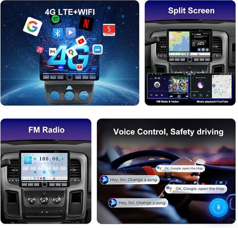 راديو QLED لسيارة Dodge RAM 2013 2014 2015 2016 2017 2018 ترقية، نمط ألياف الكربون، استبدال ستيريو بشاشة تعمل باللمس، تشغيل لاسلكي Android auto، شبكة 4G LTE، كاميرا مجانية in Kuwait