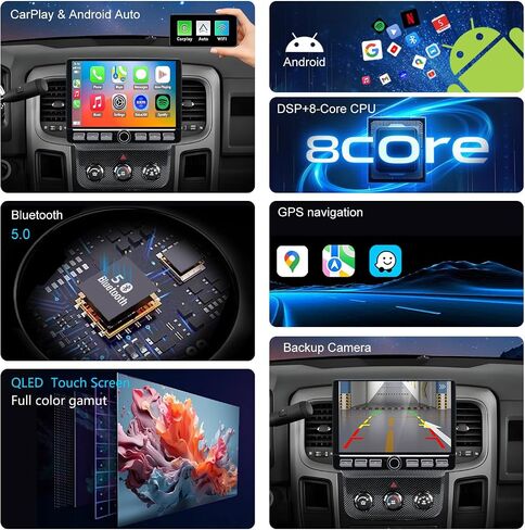 راديو QLED لسيارة Dodge RAM 2013 2014 2015 2016 2017 2018 ترقية، نمط ألياف الكربون، استبدال ستيريو بشاشة تعمل باللمس، تشغيل لاسلكي Android auto، شبكة 4G LTE، كاميرا مجانية in Kuwait