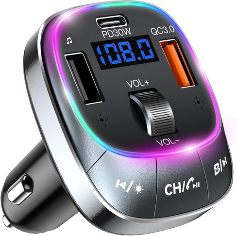 FM Transmitter Bluetooth 5.4 Wireless Radio Adapter Car Kit 48W (PD 30W & 18W) Light Switch Fast Charging Music Adapter LED Display Hands-Free Calling Support USB Drive in Saudi Arabia