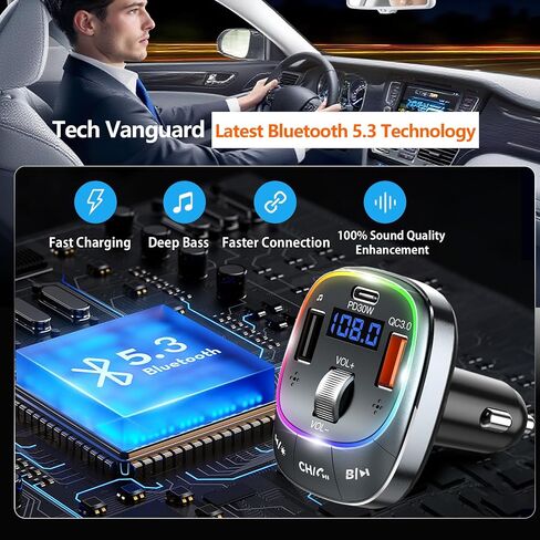 FM Transmitter Bluetooth 5.4 Wireless Radio Adapter Car Kit 48W (PD 30W & 18W) Light Switch Fast Charging Music Adapter LED Display Hands-Free Calling Support USB Drive in Saudi Arabia