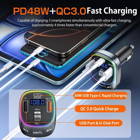 FM Transmitter Bluetooth 5.4 Wireless Radio Adapter Car Kit 48W (PD 30W & 18W) Light Switch Fast Charging Music Adapter LED Display Hands-Free Calling Support USB Drive in Saudi Arabia
