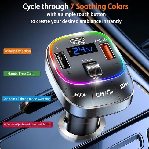 FM Transmitter Bluetooth 5.4 Wireless Radio Adapter Car Kit 48W (PD 30W & 18W) Light Switch Fast Charging Music Adapter LED Display Hands-Free Calling Support USB Drive in Saudi Arabia