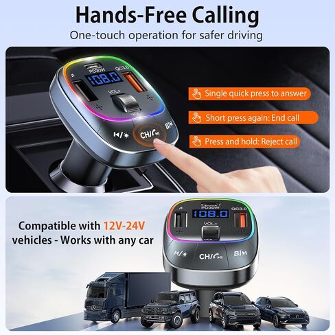 FM Transmitter Bluetooth 5.4 Wireless Radio Adapter Car Kit 48W (PD 30W & 18W) Light Switch Fast Charging Music Adapter LED Display Hands-Free Calling Support USB Drive in Saudi Arabia