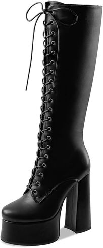 Women's Chunky Platform Knee High Boots Lace Up Goth Gogo Boots | 5.7 Inch Block Heel Wide Calf Sexy Long Boots,Gothic Cosplay Halloween Spring Summer Fall Winter Style,Adjustable Lace in Saudi Arabia