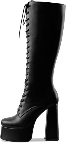 Women's Chunky Platform Knee High Boots Lace Up Goth Gogo Boots | 5.7 Inch Block Heel Wide Calf Sexy Long Boots,Gothic Cosplay Halloween Spring Summer Fall Winter Style,Adjustable Lace in Saudi Arabia