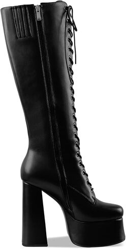 Women's Chunky Platform Knee High Boots Lace Up Goth Gogo Boots | 5.7 Inch Block Heel Wide Calf Sexy Long Boots,Gothic Cosplay Halloween Spring Summer Fall Winter Style,Adjustable Lace in Saudi Arabia