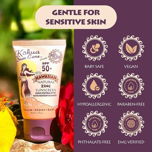 Kokua Sun Care SPF 50/80 Lotion Hawaiian Reef Safe Non Nano Zinc Oxide Sunscreen for Face & Body, Moisturizing Sun Protection Cream, Mineral Water Resistance, Cruelty Free, Natural Vegan Formula in Saudi Arabia