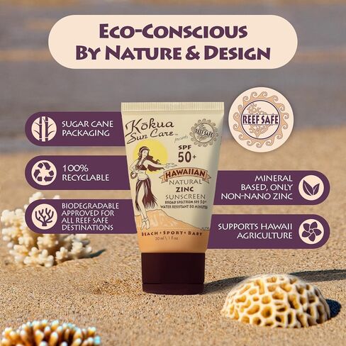 Kokua Sun Care SPF 50/80 Lotion Hawaiian Reef Safe Non Nano Zinc Oxide Sunscreen for Face & Body, Moisturizing Sun Protection Cream, Mineral Water Resistance, Cruelty Free, Natural Vegan Formula in Saudi Arabia