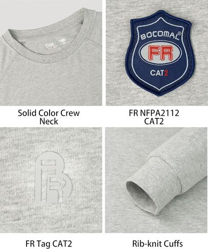 BOCOMAL Men's FR Shirts Long Sleeve Crewneck Fire Resistant 5.5oz Lightweight Cotton Work T Shirt CAT2 in Saudi Arabia