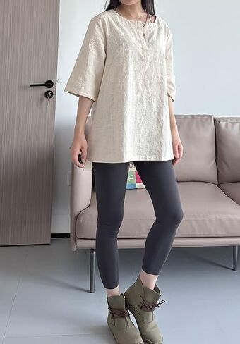 Minibee Women's 3/4 Sleeve Cotton Linen Jacquard Blouses Top T-Shirt in Saudi Arabia