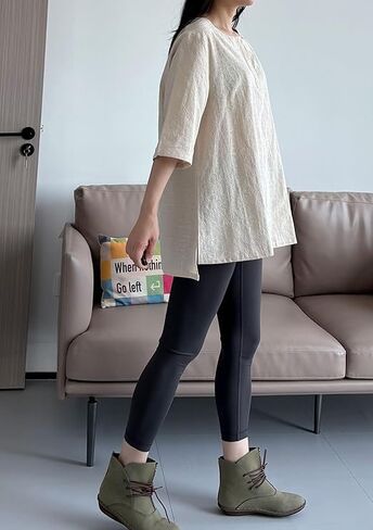 Minibee Women's 3/4 Sleeve Cotton Linen Jacquard Blouses Top T-Shirt in Saudi Arabia