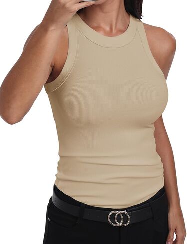 GEMBERA Womens Sleeveless Racerback High Neck Casual Basic Cotton Ribbed Fitted Tank Top in Saudi Arabia