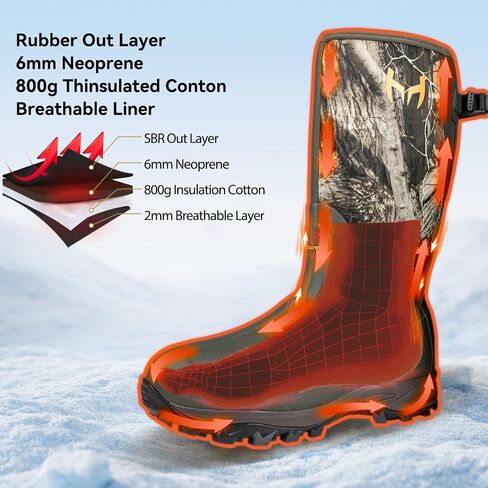 Hunting Boots for Men with 800g Insulation, Waterproof Rubber Cold-Weather Boots with 6mm Neoprene, Steel Shank & Anti-Slip Sole for Hunting and Working in Saudi Arabia