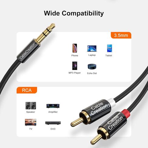 CableCreation RCA to 3.5mm Cable 6.6FT, 3.5mm Male to 2RCA Male Stereo Y Splitter HiFi Sound Audio Cord Compatible with Echo Dot, Smartphone, MP3, Tablet, Stereo Receiver, Car, Speaker, HDTV in Saudi Arabia