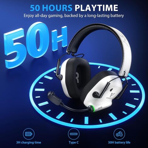 سماعة رأس لاسلكية للألعاب للكمبيوتر الشخصي، PS5، PS4، Mac، Switch، سماعات بلوتوث 5.4 مع ميكروفون لإلغاء الضوضاء، دونجل USB 2.4 جيجا هرتز، أضواء RGB، صوت ستيريو للسائق 50 مم، وقت تشغيل 50 ساعة (أبيض/أسود) in Kuwait