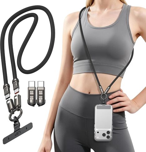 Phone Lanyard Crossbody USB C Cable, PD240W USB C to USB C Cables, Anti Theft Phone Strap Universal Cell Phone Neck lanyard for iPhone/Samsung/Android Phones(Black/3.93ft) in Saudi Arabia