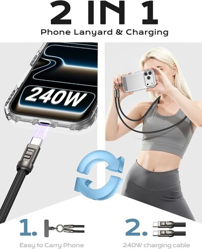 Phone Lanyard Crossbody USB C Cable, PD240W USB C to USB C Cables, Anti Theft Phone Strap Universal Cell Phone Neck lanyard for iPhone/Samsung/Android Phones(Black/3.93ft) in Saudi Arabia