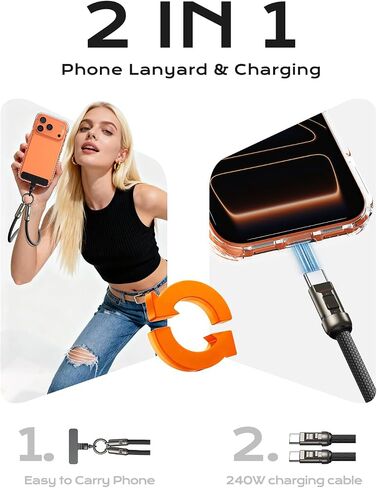 Phone Lanyard Crossbody USB C Cable, PD240W USB C to USB C Cables, Anti Theft Phone Strap Universal Cell Phone Neck lanyard for iPhone/Samsung/Android Phones(Black/3.93ft) in Saudi Arabia