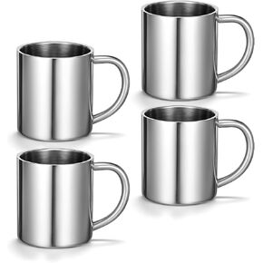 4 Packs Small Stainless Steel Coffee Mug, 7.5oz/220ml Metal Camping Coffee Mugs Unbreakable Tea Cups Portable Water Drinking Cups with Handle for Home Camp Travel Cold or Hot Drinks, Dishwasher Safe in Kuwait