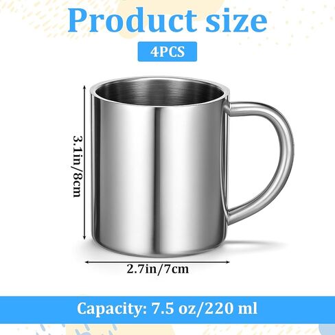 4 Packs Small Stainless Steel Coffee Mug, 7.5oz/220ml Metal Camping Coffee Mugs Unbreakable Tea Cups Portable Water Drinking Cups with Handle for Home Camp Travel Cold or Hot Drinks, Dishwasher Safe in Kuwait