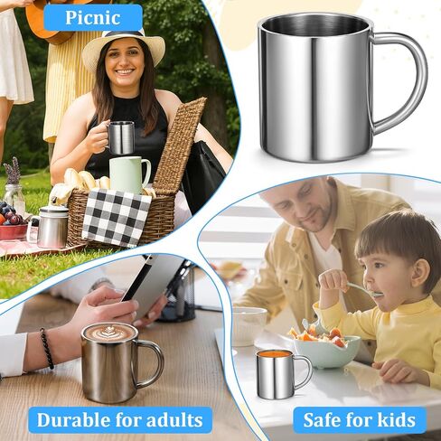 4 Packs Small Stainless Steel Coffee Mug, 7.5oz/220ml Metal Camping Coffee Mugs Unbreakable Tea Cups Portable Water Drinking Cups with Handle for Home Camp Travel Cold or Hot Drinks, Dishwasher Safe in Kuwait