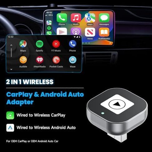 محول CarPaly وAndroid اللاسلكي - تحويل CarPlay السلكي من المصنع إلى قابس Dongle لتشغيل السيارة اللاسلكية، يعمل مع iPhone iOS 10+& Android 9+، كابلان متضمنان USB A إلى USB C & A (Y6) in Kuwait