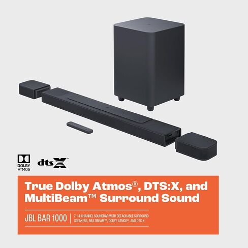JBL Bar 1000: مكبر صوت 7.1.4 قناة مع مكبرات صوت محيطية قابلة للفصل، MultiBeam™، Dolby Atmos®، وDTS:X®، أسود in Saudi Arabia