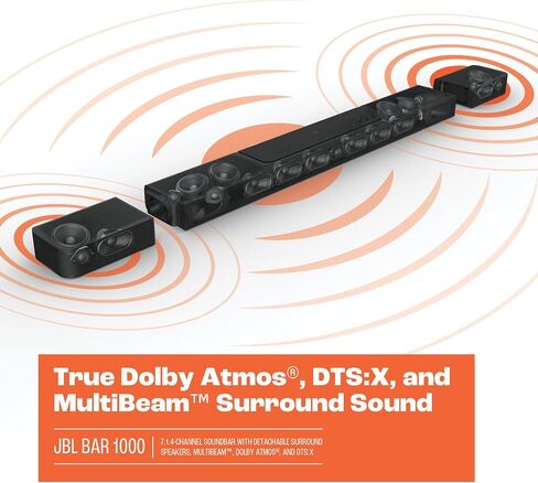 JBL Bar 1000: مكبر صوت 7.1.4 قناة مع مكبرات صوت محيطية قابلة للفصل، MultiBeam™، Dolby Atmos®، وDTS:X®، أسود in Saudi Arabia