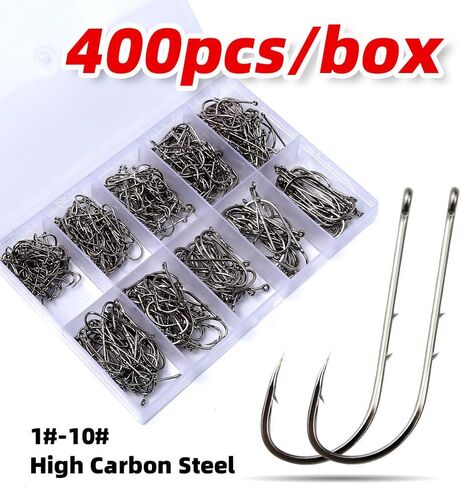 400Pcs Carbon Steel Fishing Hooks with Double Guard Points (1#-10#) – Essential for Every Angler's Gear Box in Saudi Arabia