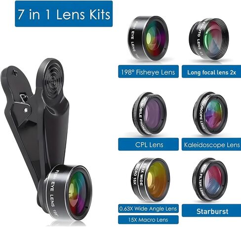 Mobile Phone Camera Lens 7-in-1 Mobile Phone Lens Kit, for iPhone, for Samsung, for Android Smartphone, Universal Clip on Wide Angle+Macro+ Fish Eye Camera Lenses (Black) in Saudi Arabia