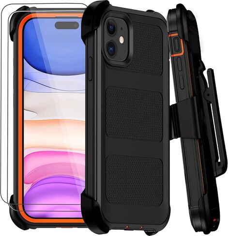 حافظة لهاتف iPhone 11 مع حافظة بمشبك حزام، حافظات هاتف مضادة للسقوط ومضادة للصدمات مع واقيات شاشة 2x ومسند، غطاء واقٍ متين من الدرجة العسكرية (أسود برتقالي) in Kuwait