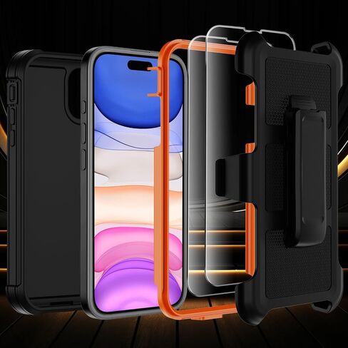 حافظة لهاتف iPhone 11 مع حافظة بمشبك حزام، حافظات هاتف مضادة للسقوط ومضادة للصدمات مع واقيات شاشة 2x ومسند، غطاء واقٍ متين من الدرجة العسكرية (أسود برتقالي) in Kuwait