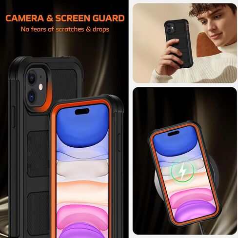 حافظة لهاتف iPhone 11 مع حافظة بمشبك حزام، حافظات هاتف مضادة للسقوط ومضادة للصدمات مع واقيات شاشة 2x ومسند، غطاء واقٍ متين من الدرجة العسكرية (أسود برتقالي) in Kuwait