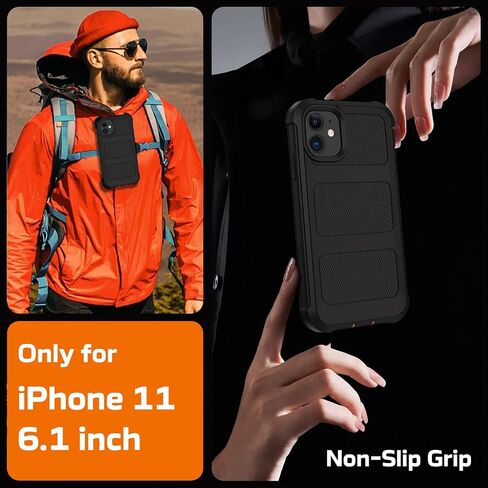 حافظة لهاتف iPhone 11 مع حافظة بمشبك حزام، حافظات هاتف مضادة للسقوط ومضادة للصدمات مع واقيات شاشة 2x ومسند، غطاء واقٍ متين من الدرجة العسكرية (أسود برتقالي) in Kuwait