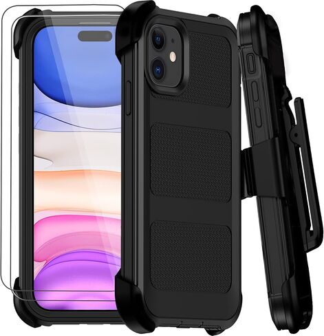 حافظة لهاتف iPhone 11 مع حافظة بمشبك حزام، حافظات هاتف مضادة للسقوط ومضادة للصدمات مع واقيات شاشة 2x ومسند، غطاء واقٍ متين من الدرجة العسكرية (أسود برتقالي) in Kuwait