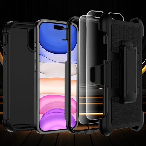 حافظة لهاتف iPhone 11 مع حافظة بمشبك حزام، حافظات هاتف مضادة للسقوط ومضادة للصدمات مع واقيات شاشة 2x ومسند، غطاء واقٍ متين من الدرجة العسكرية (أسود برتقالي) in Kuwait